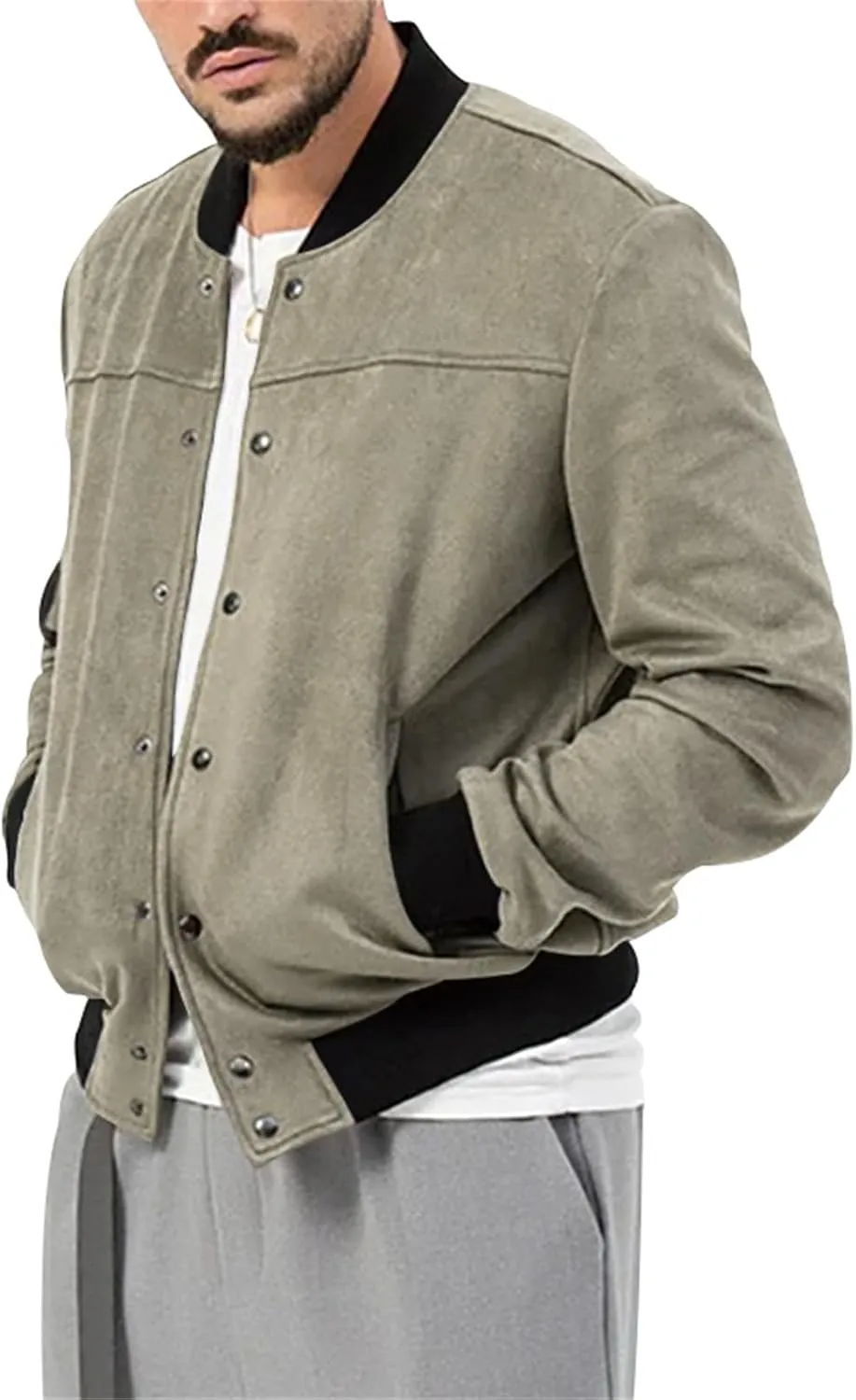 Mens Casual Faux Suede Bomber Jacket Classic Jacket Windbreaker Vintage Button Down Cardigan Lightweight Leather Coats