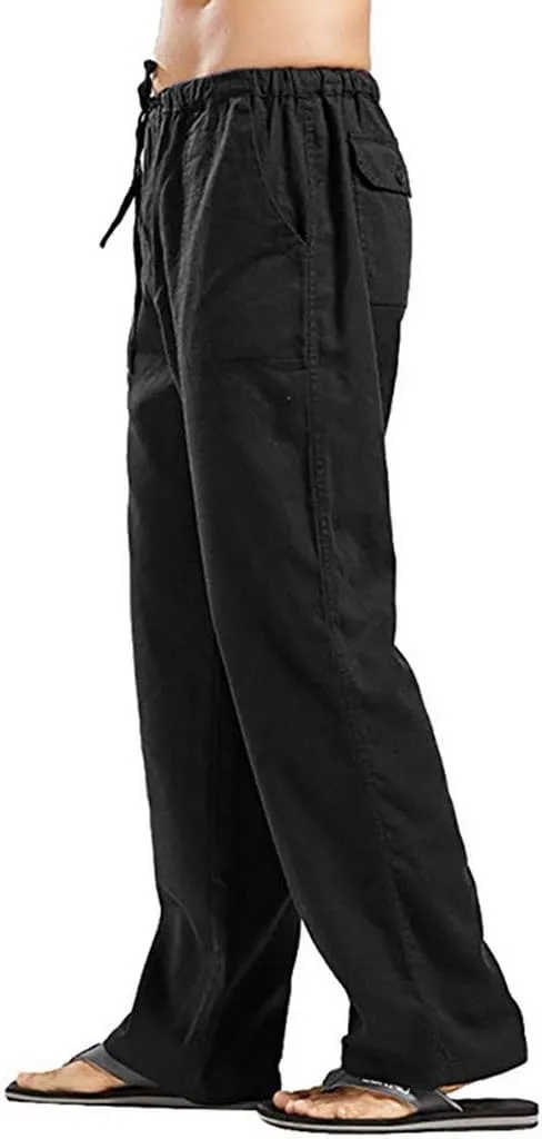 Mens Casual Linen Pants Extra Tall Summer Elastic Waist Straight Leg Loose Fit Beach Trousers Big and Tall Slacks
