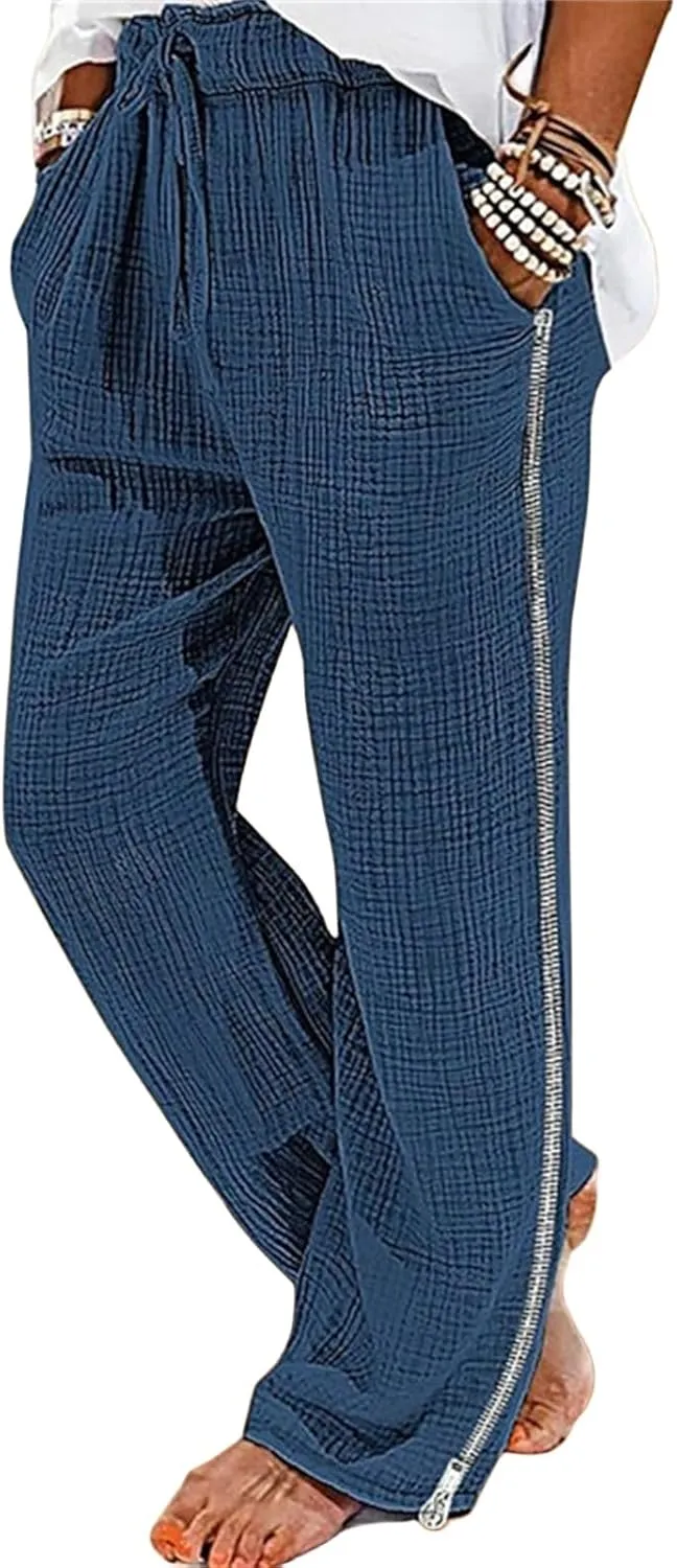 Men's Casual Linen Pants Straight Stretch Zipper Side Trousers Relaxed Fit Wide Leg Pants Vacation Beach Pants for Men