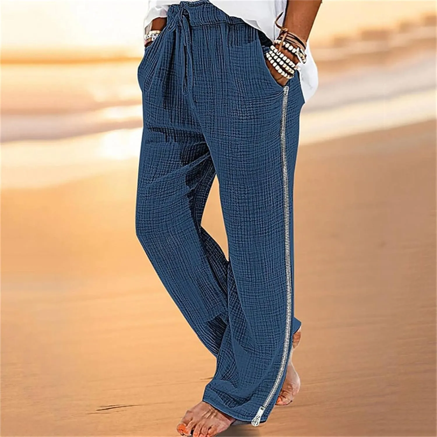 Men's Casual Linen Pants Straight Stretch Zipper Side Trousers Relaxed Fit Wide Leg Pants Vacation Beach Pants for Men