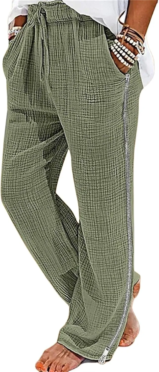 Men's Casual Linen Pants Straight Stretch Zipper Side Trousers Relaxed Fit Wide Leg Pants Vacation Beach Pants for Men