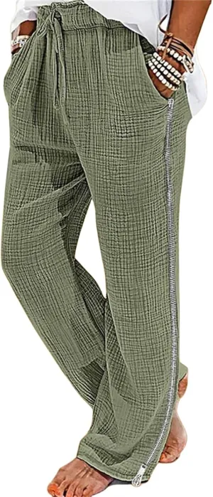 Men's Casual Linen Pants Straight Stretch Zipper Side Trousers Relaxed Fit Wide Leg Pants Vacation Beach Pants for Men