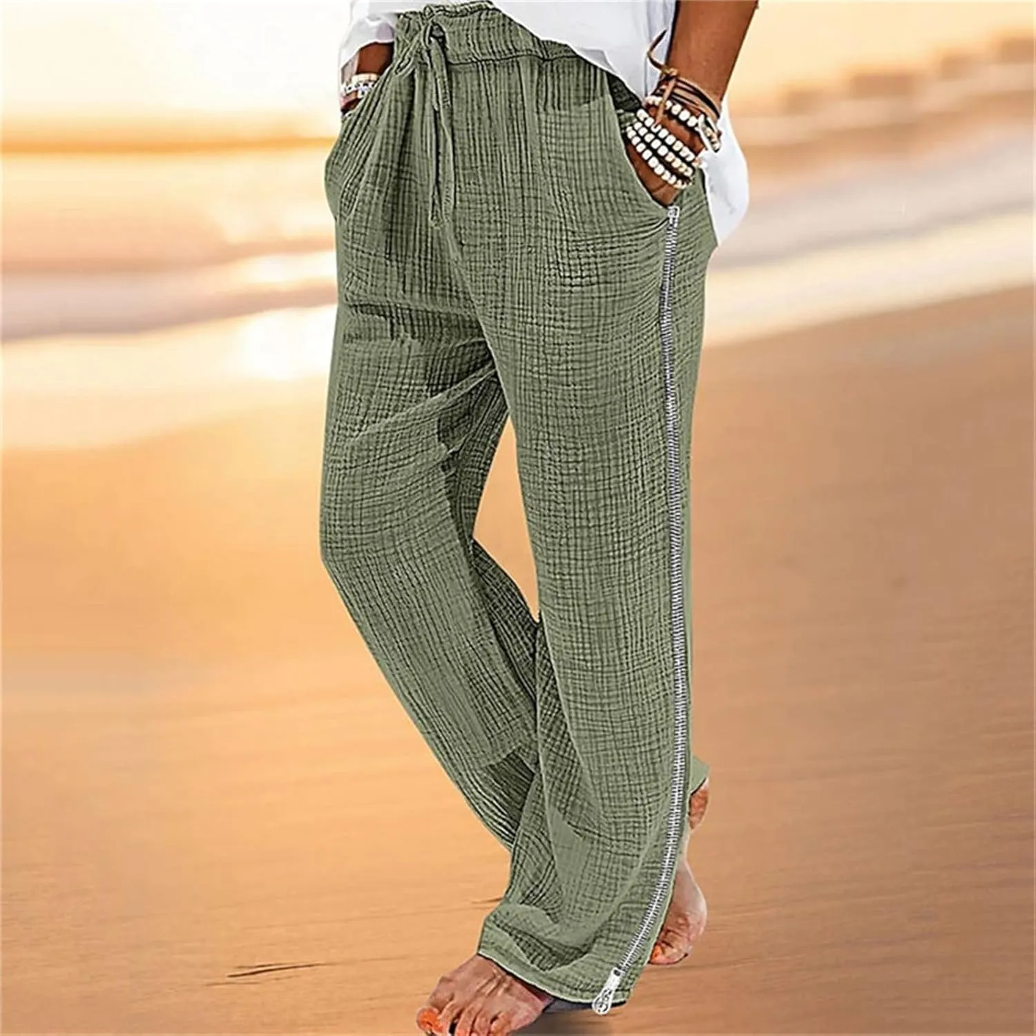 Men's Casual Linen Pants Straight Stretch Zipper Side Trousers Relaxed Fit Wide Leg Pants Vacation Beach Pants for Men