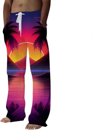 Mens Casual Pants Elastic Drawstring Waist Straight Legs Trousers Summer Hawaiian Yoga Beach Long Pants Mens Casual Pants