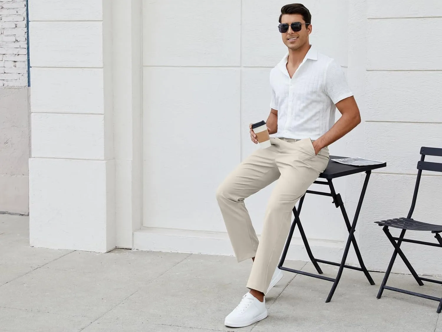 Mens Casual Pants Elastic Waist Drawstring Chinos Pants Tapered Twill Trousers with Pockets