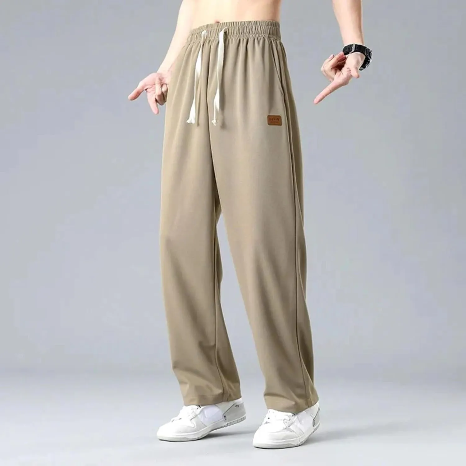 Men's Casual Pants Elastic Waist Drawstring Straight Pants Nylon Quick Drying Workout Athletic Pants with Pockets
