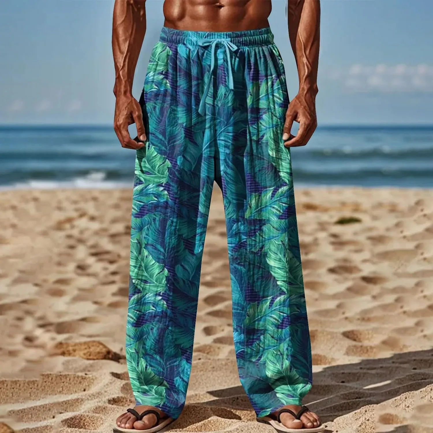 Men's Casual Pants Fashion 3D Print Elastic Waist Drawstring Wide Leg Trousers Summer Loose Yoga Beach Pant Plus Size