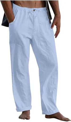 Mens Casual Pants Lightweight Plus Size Casual Pants Drawstring Low Rise Wide Leg Trousers Loose Yoga Pants with Pcokets