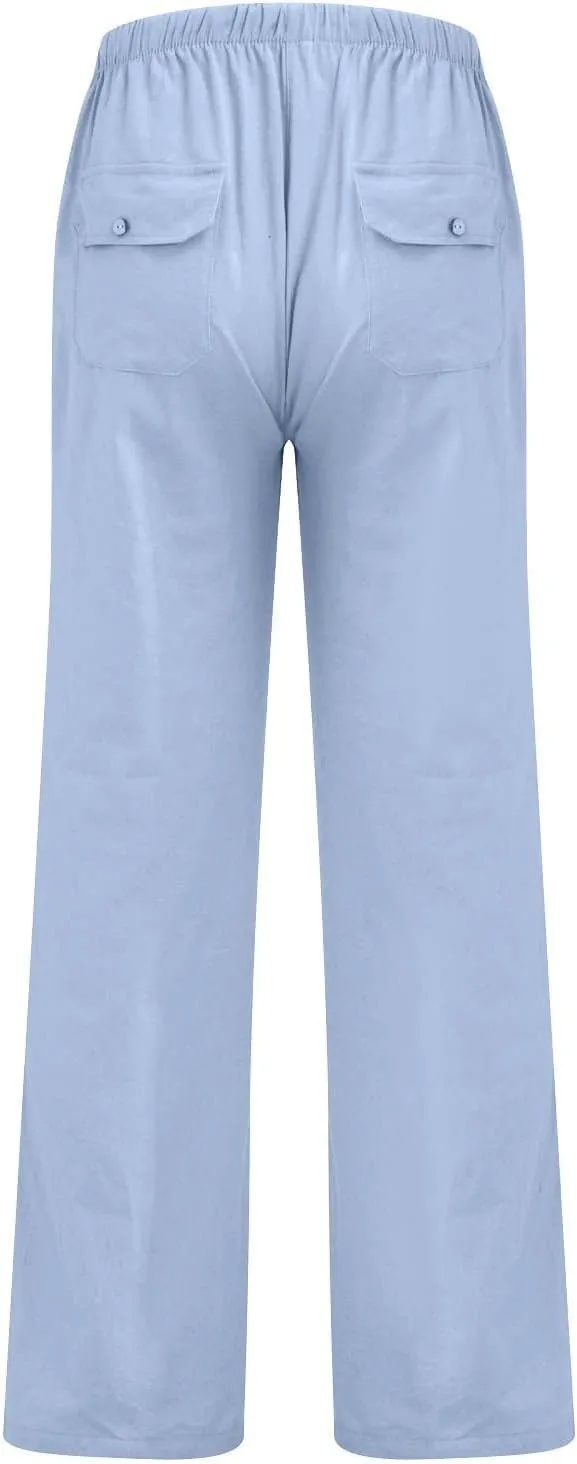 Mens Casual Pants Lightweight Plus Size Casual Pants Drawstring Low Rise Wide Leg Trousers Loose Yoga Pants with Pcokets
