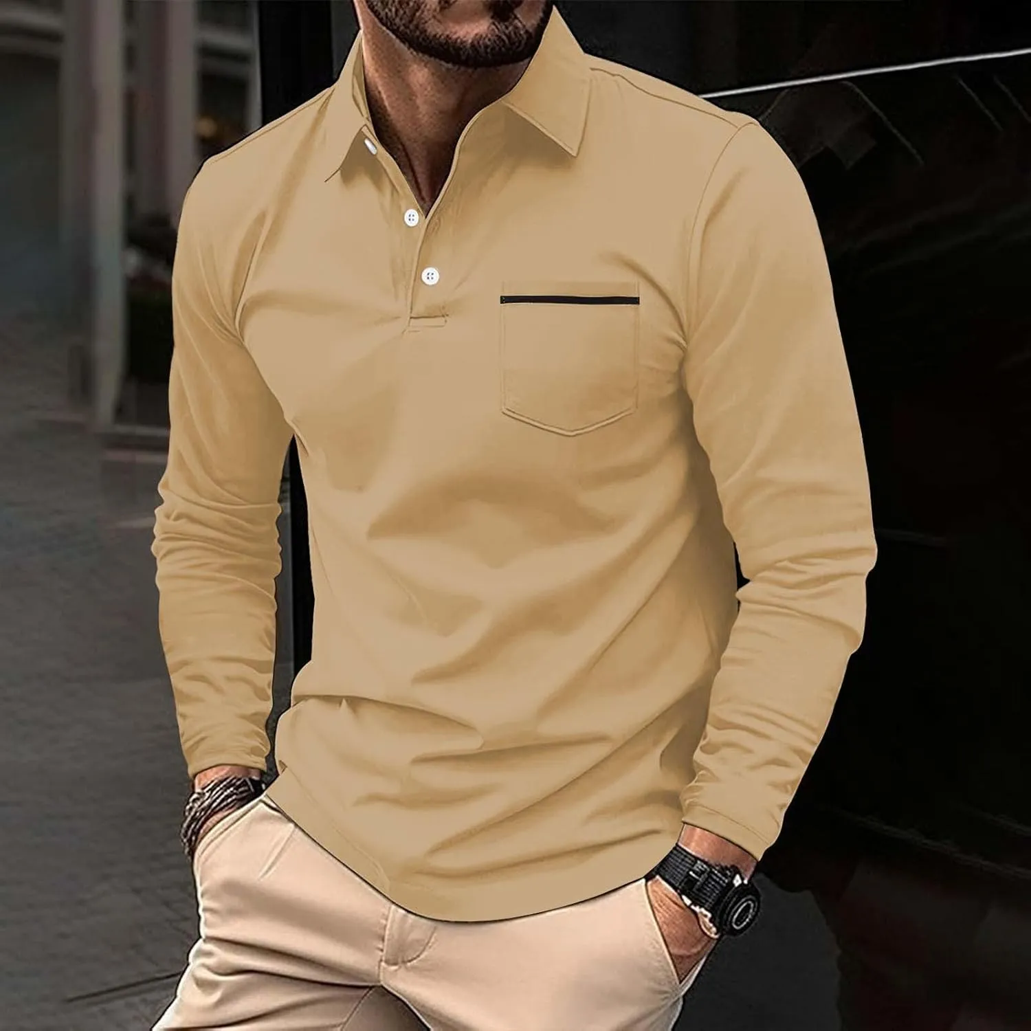 Men's Casual Patchwork Polo Shirts Classic Button Basic Long Sleeve Shirt Stretch Soft Basic Tees Golf Stylish Tops