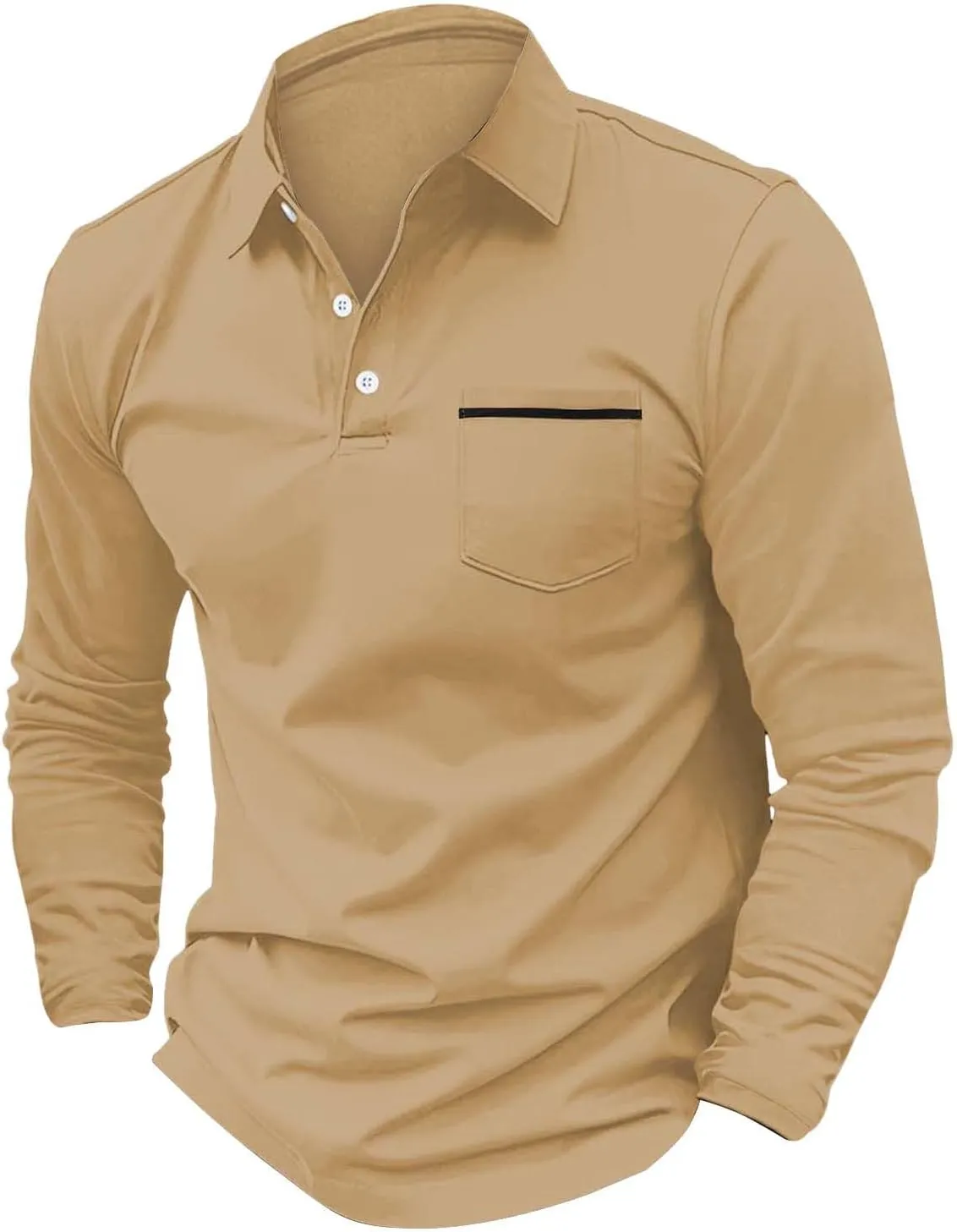 Men's Casual Patchwork Polo Shirts Classic Button Basic Long Sleeve Shirt Stretch Soft Basic Tees Golf Stylish Tops