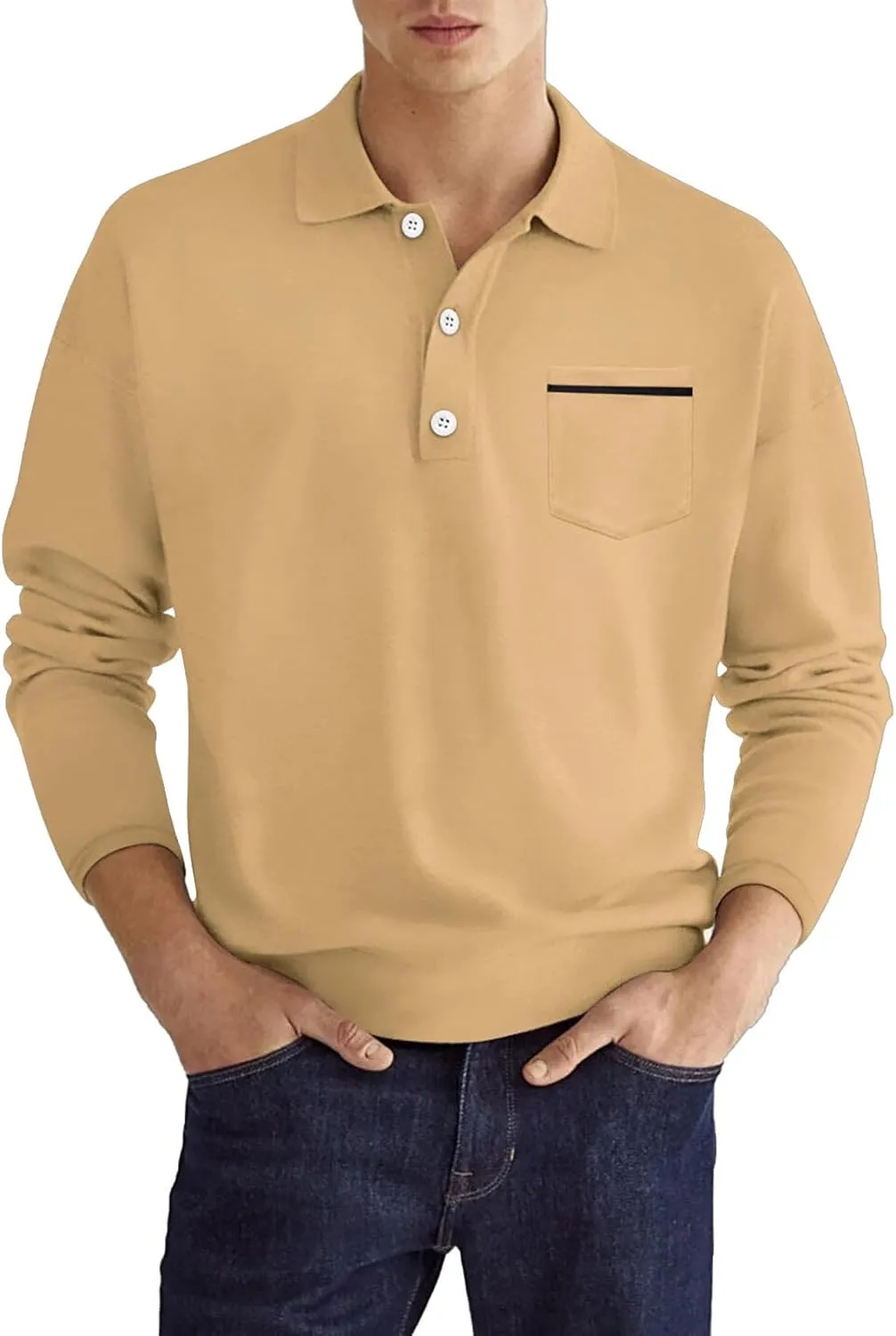 Men's Casual Patchwork Polo Shirts Classic Button Basic Long Sleeve Shirt Stretch Soft Basic Tees Golf Stylish Tops