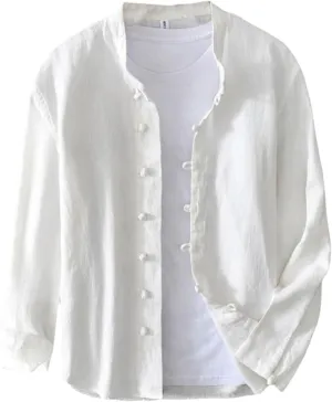 Men's Chinese Style Long Sleeve Linen Shirt Tang Suit with Frog Buttons Retro Ramie Top Spring Summer