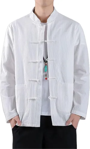Men's Chinese Style Short Sleeve Shirt with Frog Buttons Retro Cotton Linen Hanfu Zhongshan Suit Summer