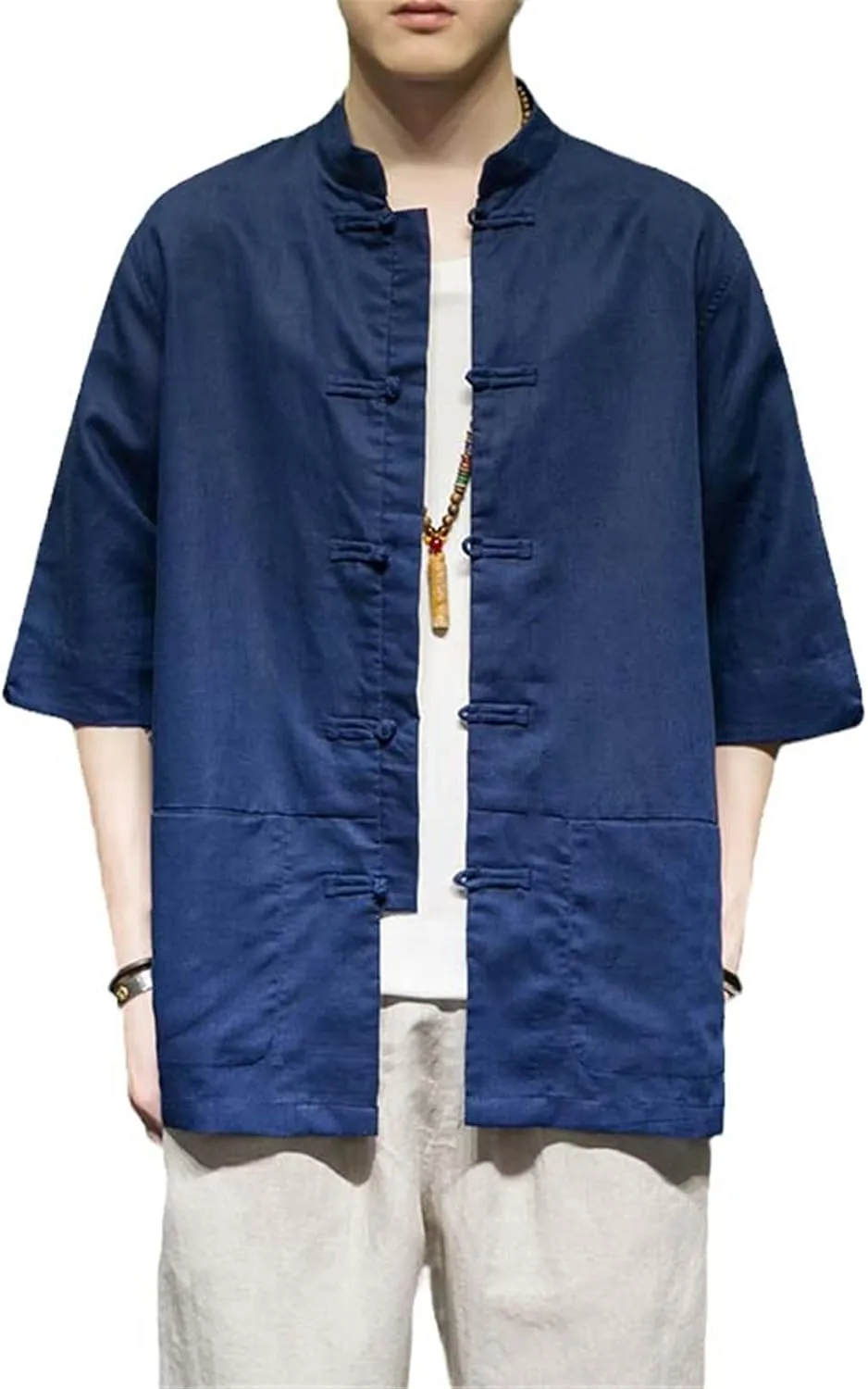 Mens Chinese Tang Suit Three Quarter Sleeve Vintage Shirts Traditional Kung Fu Tops Shirt for Men Hanfu Hemp Shirt