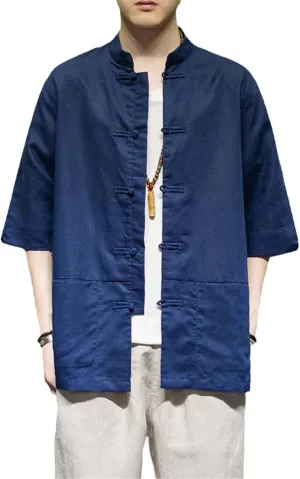 Mens Chinese Tang Suit Three Quarter Sleeve Vintage Shirts Traditional Kung Fu Tops Shirt for Men Hanfu Hemp Shirt