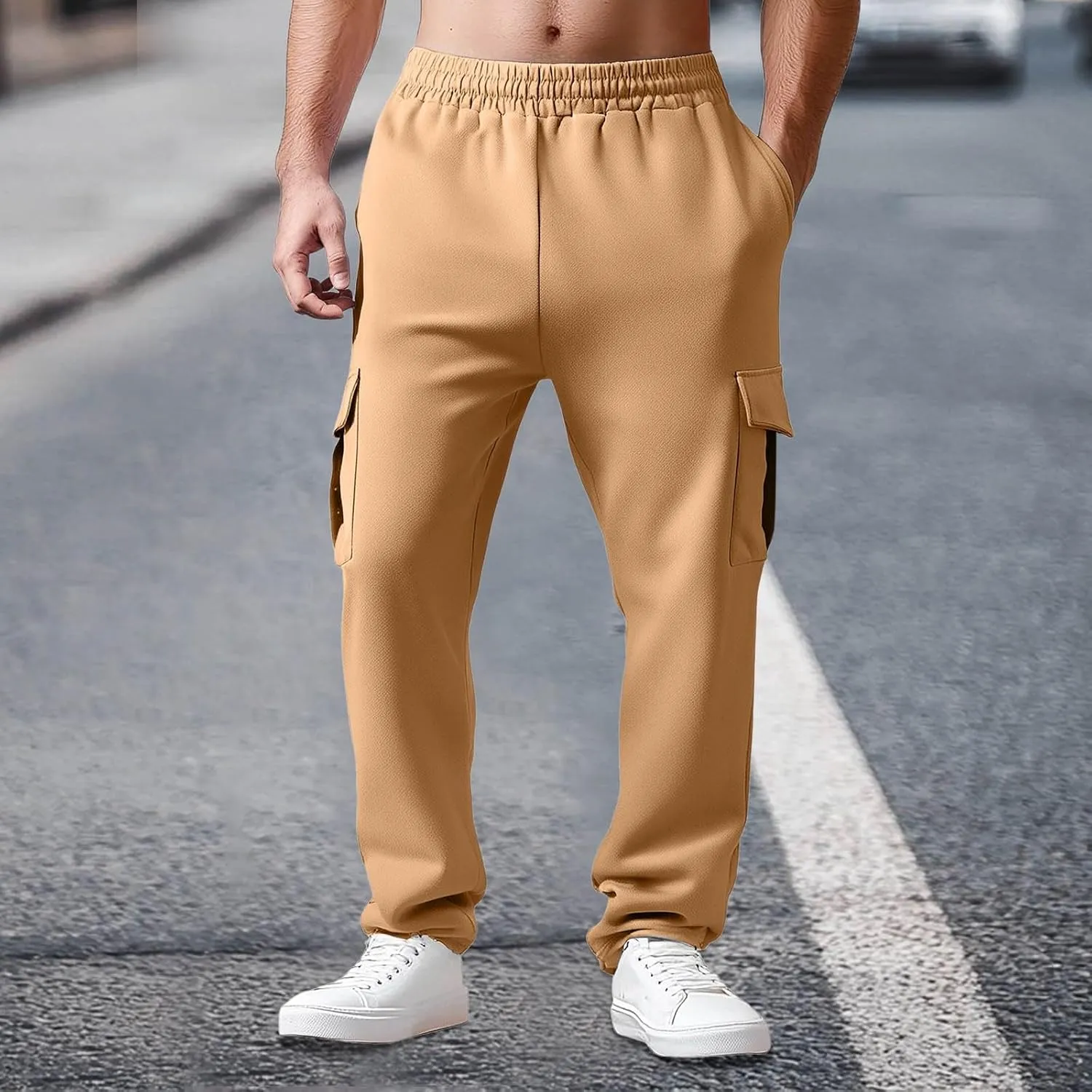 Mens Chinos Pants High Elastic Waist Casual Summer Pants Comfy Relaxed Fit Trousers with Pockets Fashion