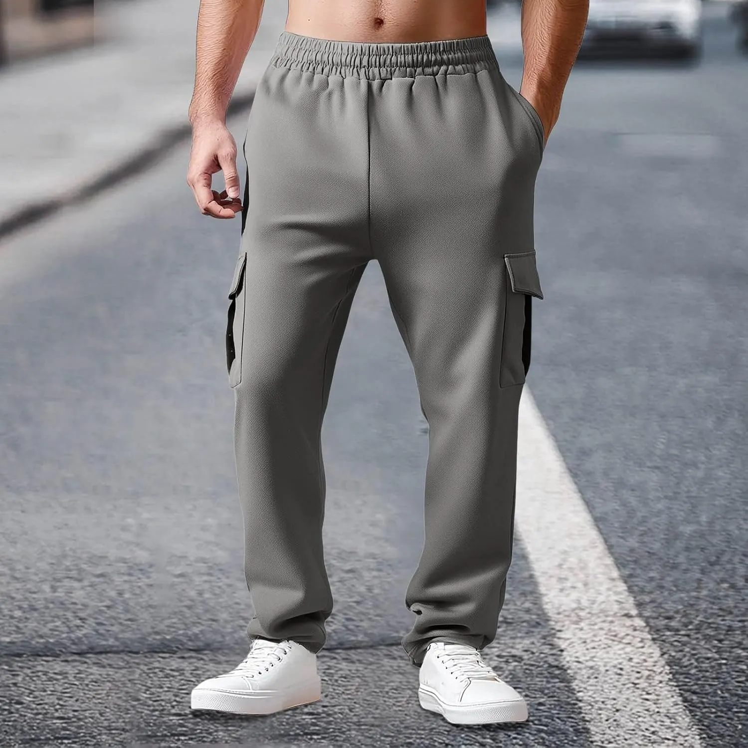 Mens Chinos Pants High Elastic Waist Casual Summer Pants Comfy Relaxed Fit Trousers with Pockets Fashion