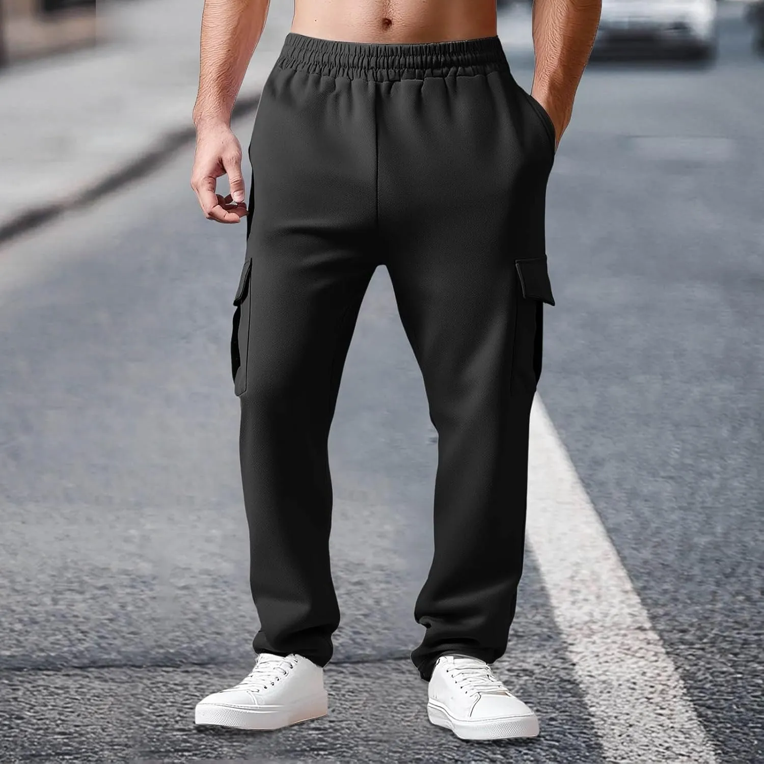 Mens Chinos Pants High Elastic Waist Casual Summer Pants Comfy Relaxed Fit Trousers with Pockets Fashion