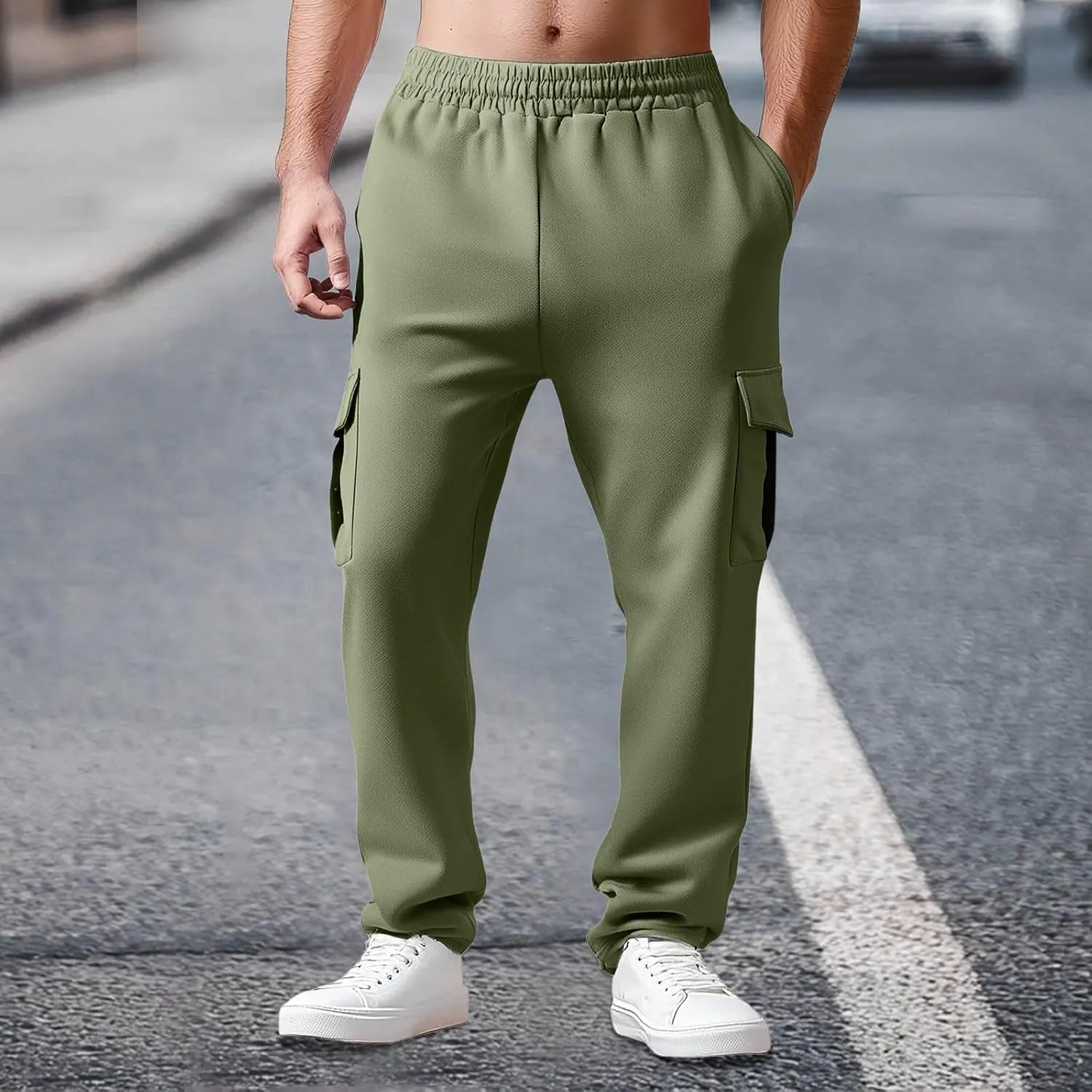 Mens Chinos Pants High Elastic Waist Casual Summer Pants Comfy Relaxed Fit Trousers with Pockets Fashion