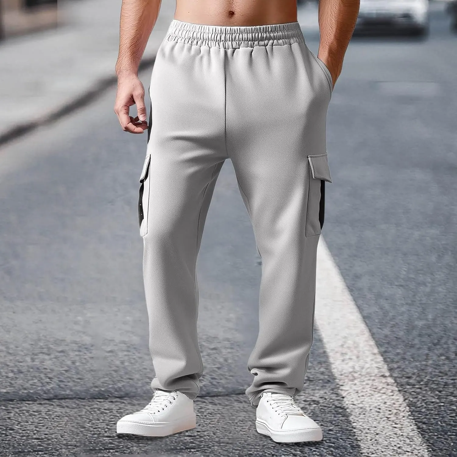 Mens Chinos Pants High Elastic Waist Casual Summer Pants Comfy Relaxed Fit Trousers with Pockets Fashion