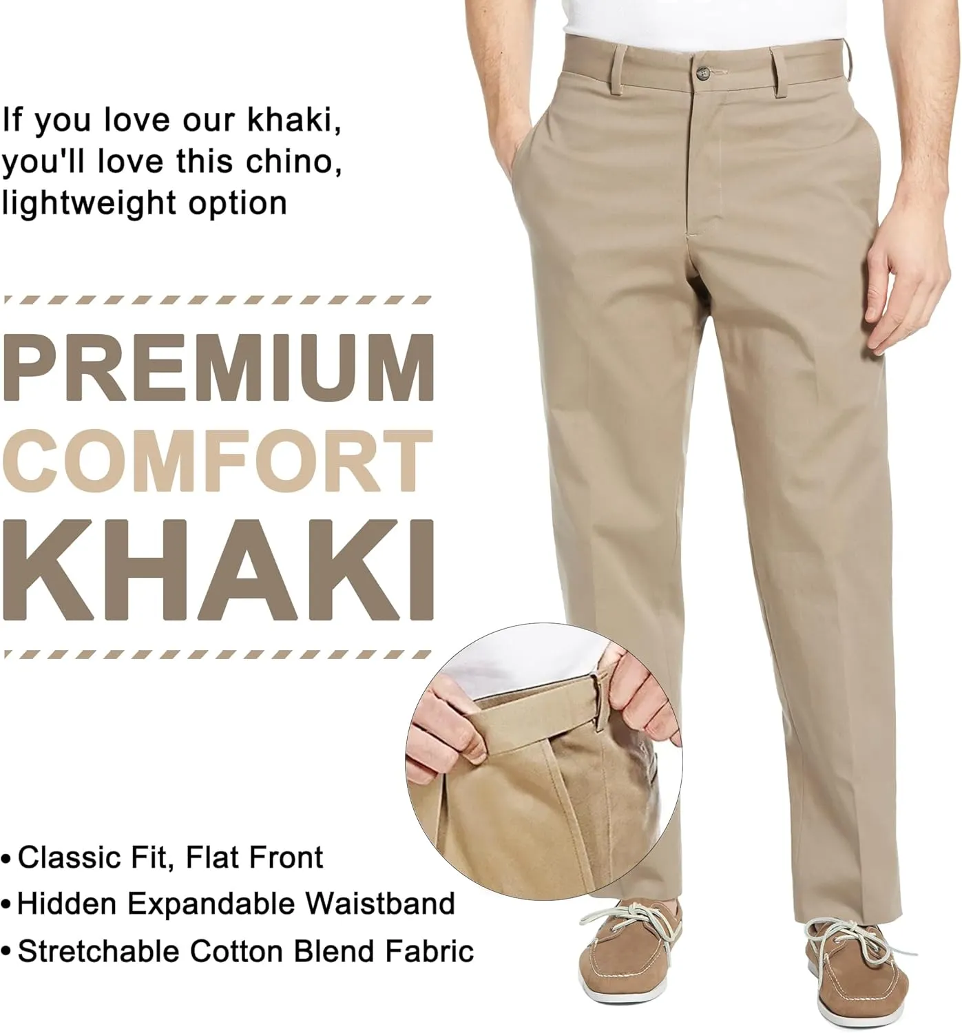 Mens Classic Fit Flat Front Casual Pants Expandable Waist Khaki Chinos Pants Men