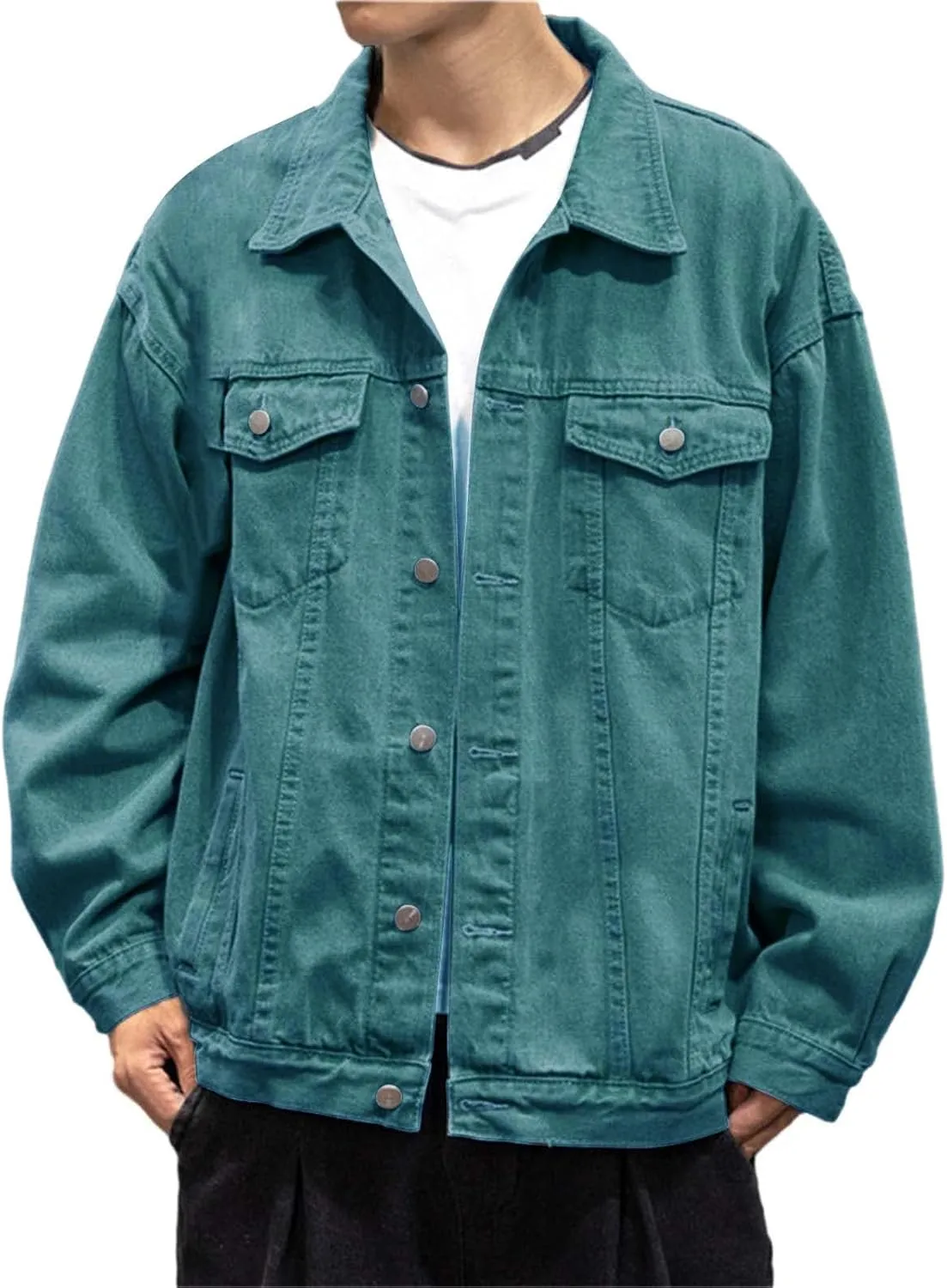 Mens Classic Lapel Collar Jean Jackets Loose Fit Casual Trucker Cowboy Coats Trendy Front Pockets Washed Denim Jacket
