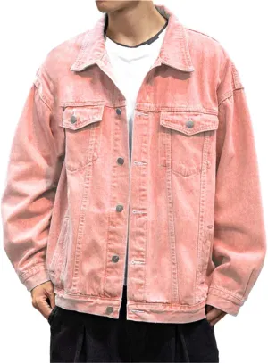 Mens Classic Lapel Collar Jean Jackets Loose Fit Casual Trucker Cowboy Coats Trendy Front Pockets Washed Denim Jacket