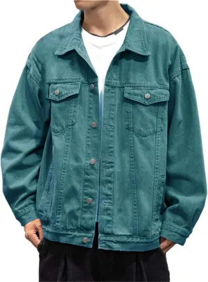 Mens Classic Lapel Collar Jean Jackets Loose Fit Casual Trucker Cowboy Coats Trendy Front Pockets Washed Denim Jacket