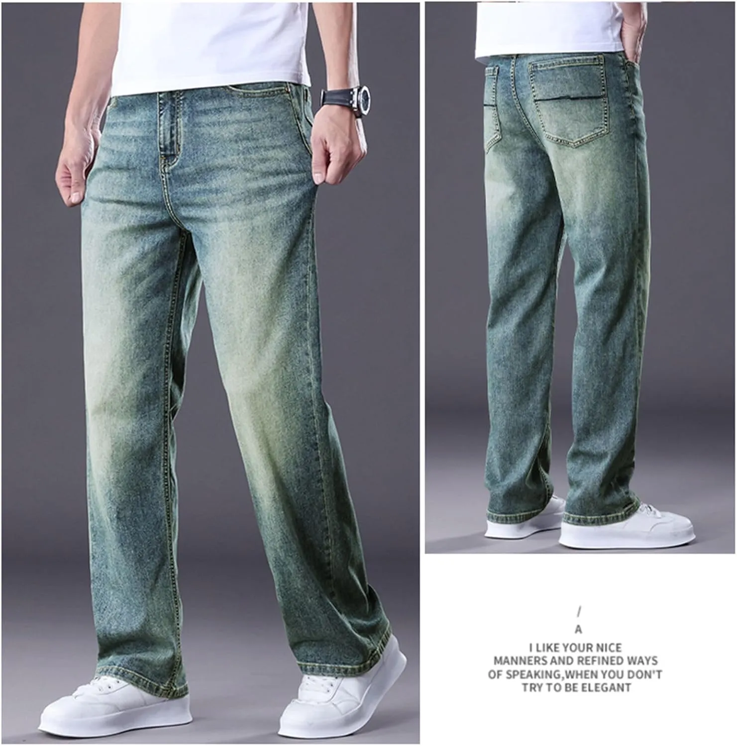 Men's Classic Straight Leg Jeans, Light Blue Wash Denim, Relaxed Fit, Casual Style