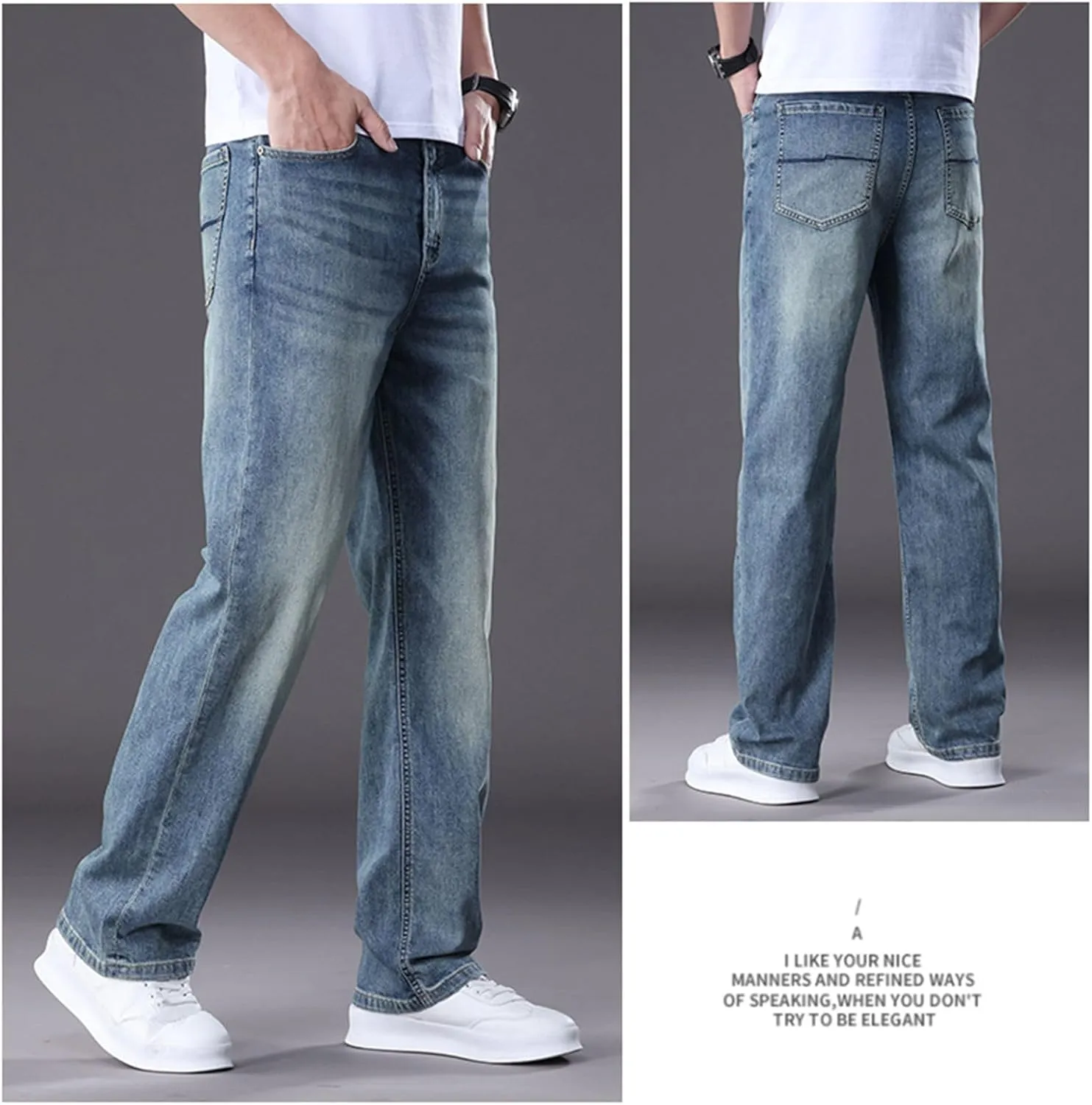 Men's Classic Straight Leg Jeans, Light Blue Wash Denim, Relaxed Fit, Casual Style