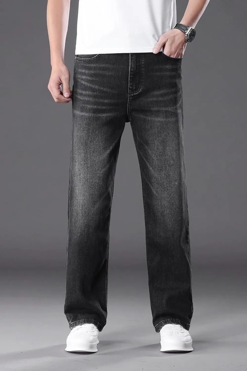 Men's Classic Straight Leg Jeans, Light Blue Wash Denim, Relaxed Fit, Casual Style
