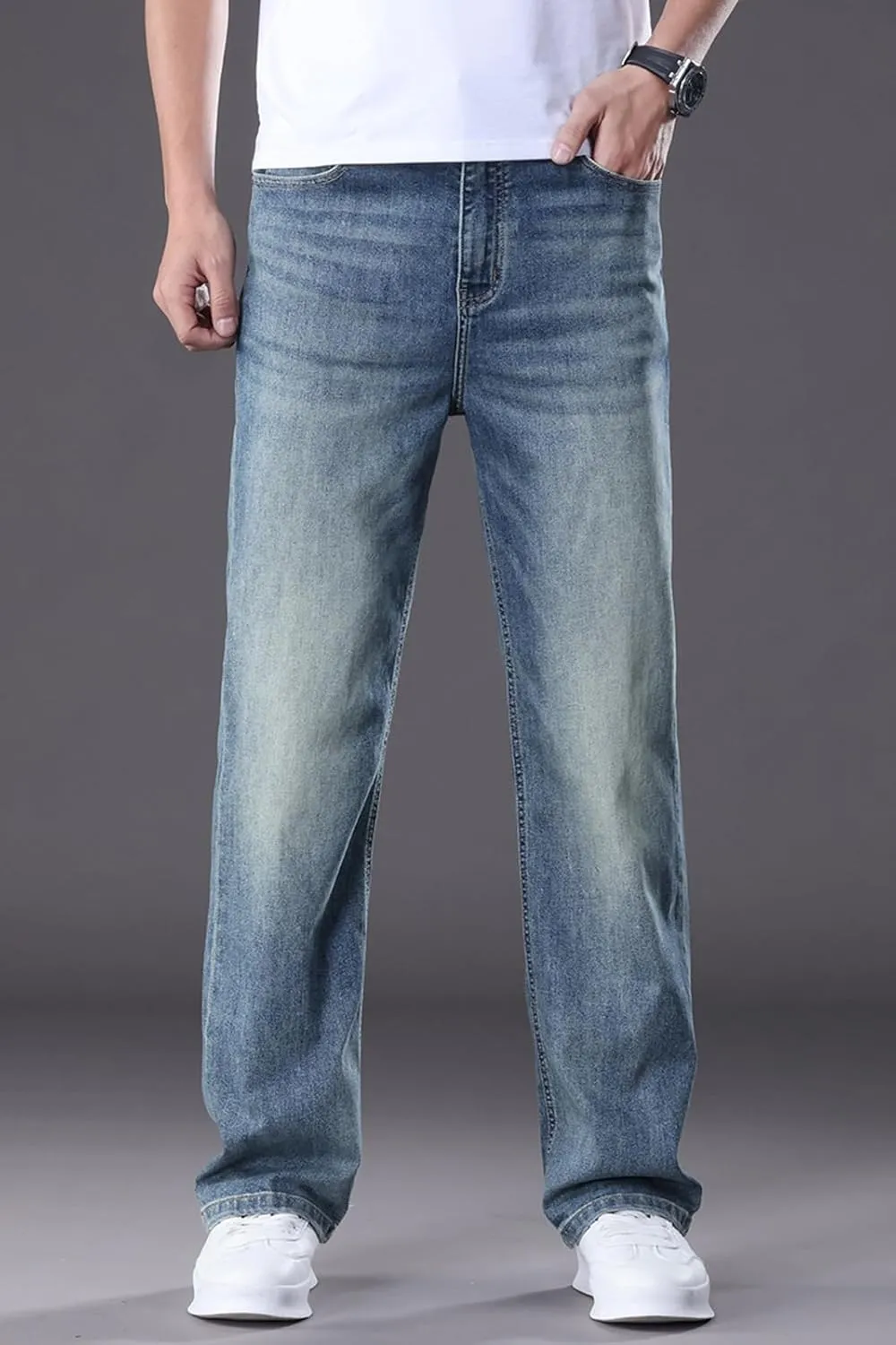 Men's Classic Straight Leg Jeans, Light Blue Wash Denim, Relaxed Fit, Casual Style