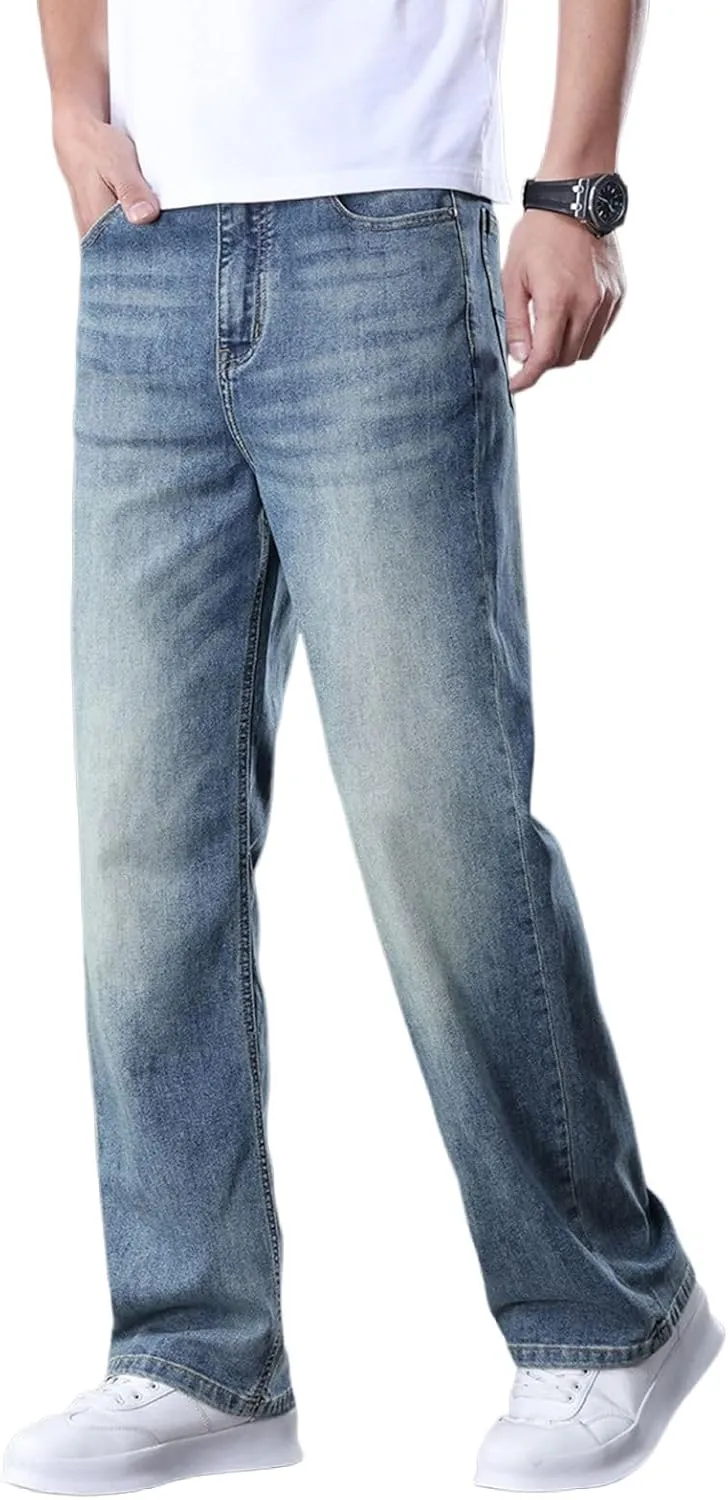 Men's Classic Straight Leg Jeans, Light Blue Wash Denim, Relaxed Fit, Casual Style