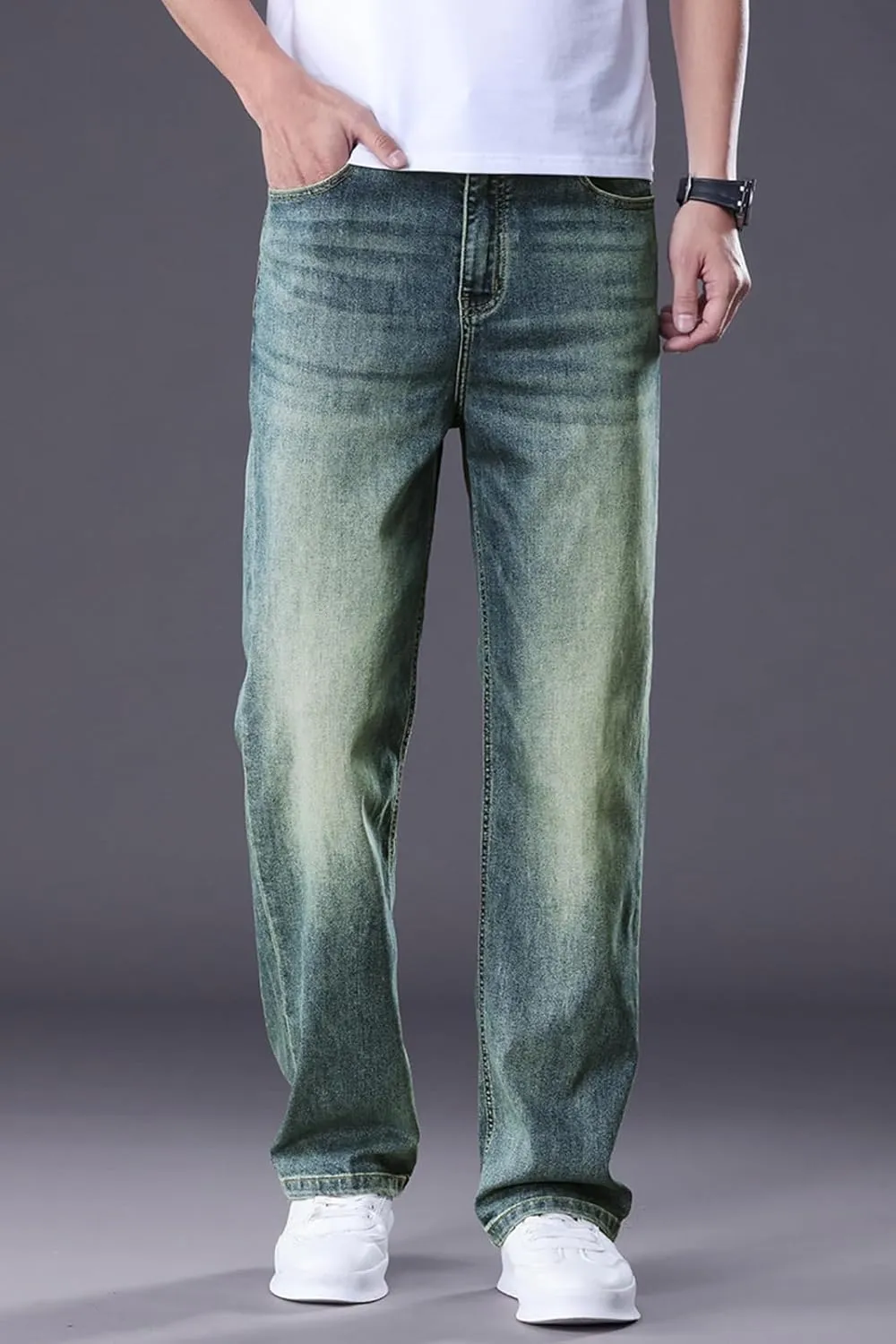 Men's Classic Straight Leg Jeans, Light Blue Wash Denim, Relaxed Fit, Casual Style