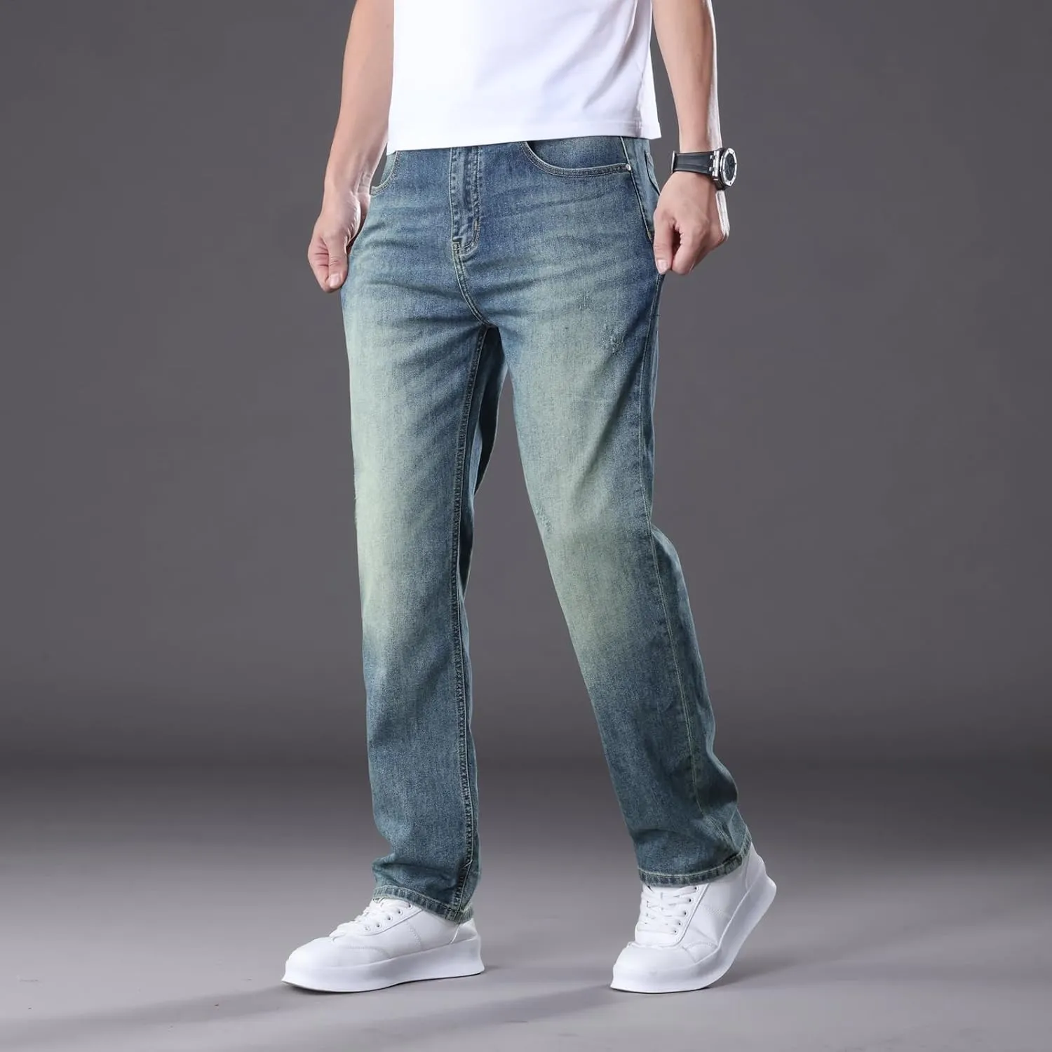 Men's Classic Straight Leg Jeans Relaxed Fit Light Blue Wash Multiple Colors Available