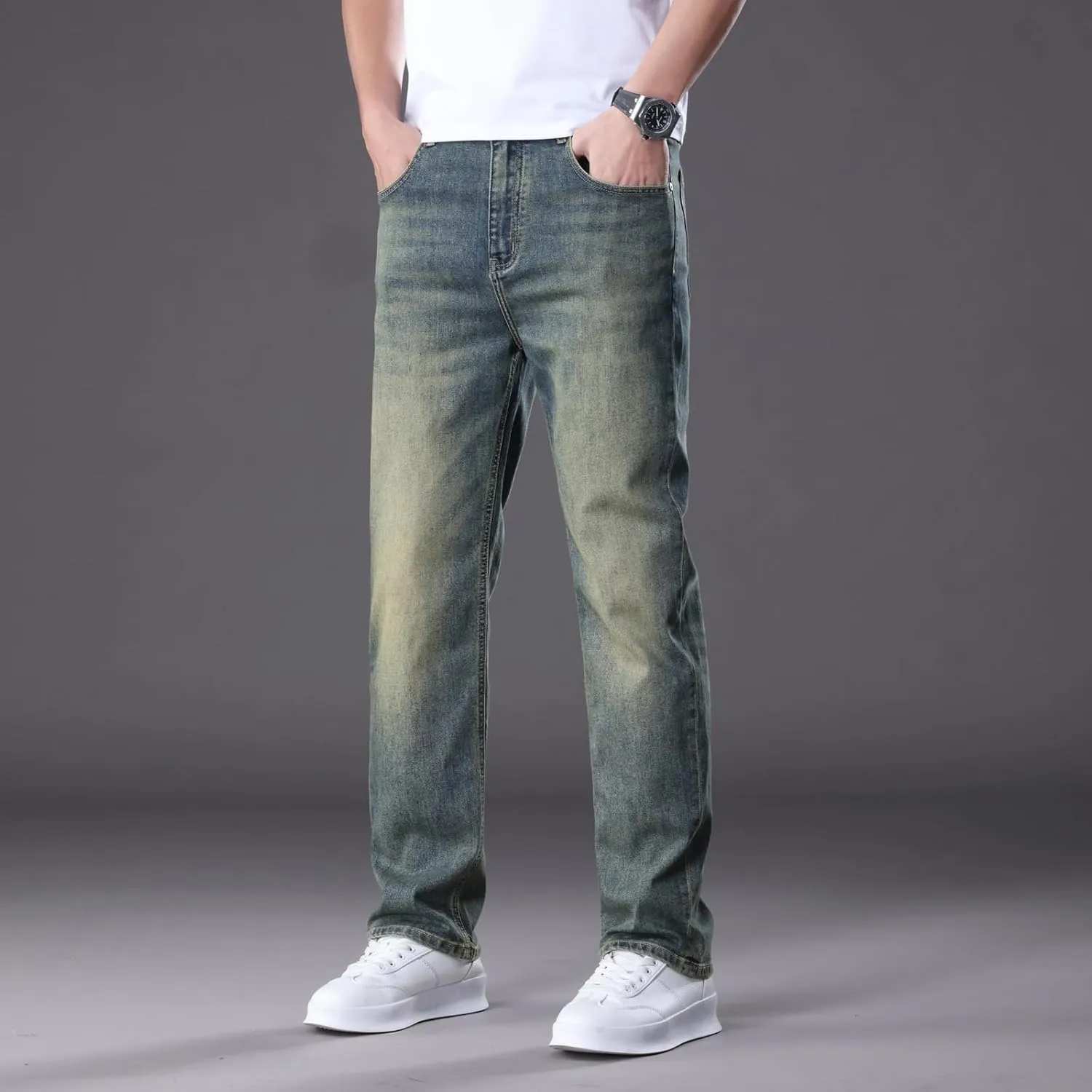 Men's Classic Straight Leg Jeans Relaxed Fit Light Blue Wash Multiple Colors Available