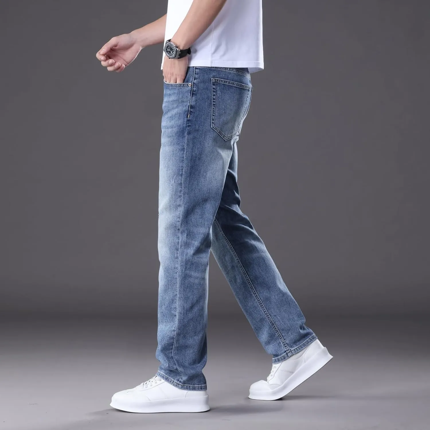 Men's Classic Straight Leg Jeans Relaxed Fit Light Blue Wash Multiple Colors Available