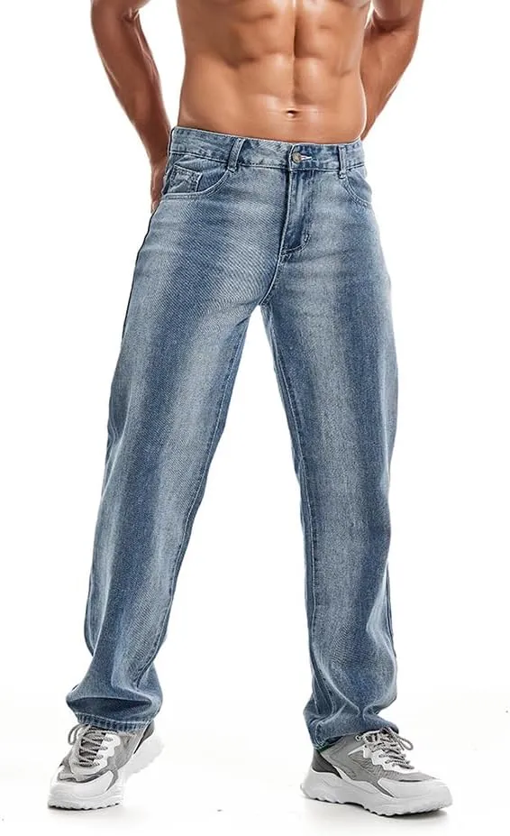 Men's Classic Straight Leg Jeans Relaxed Fit Washed Denim Jeans Pants