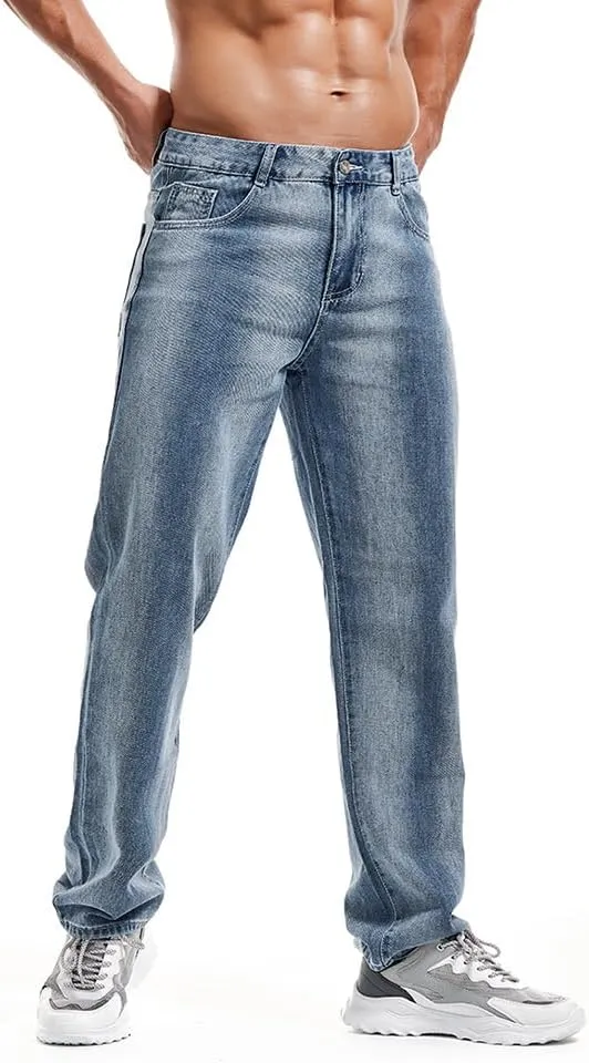 Men's Classic Straight Leg Jeans Relaxed Fit Washed Denim Jeans Pants