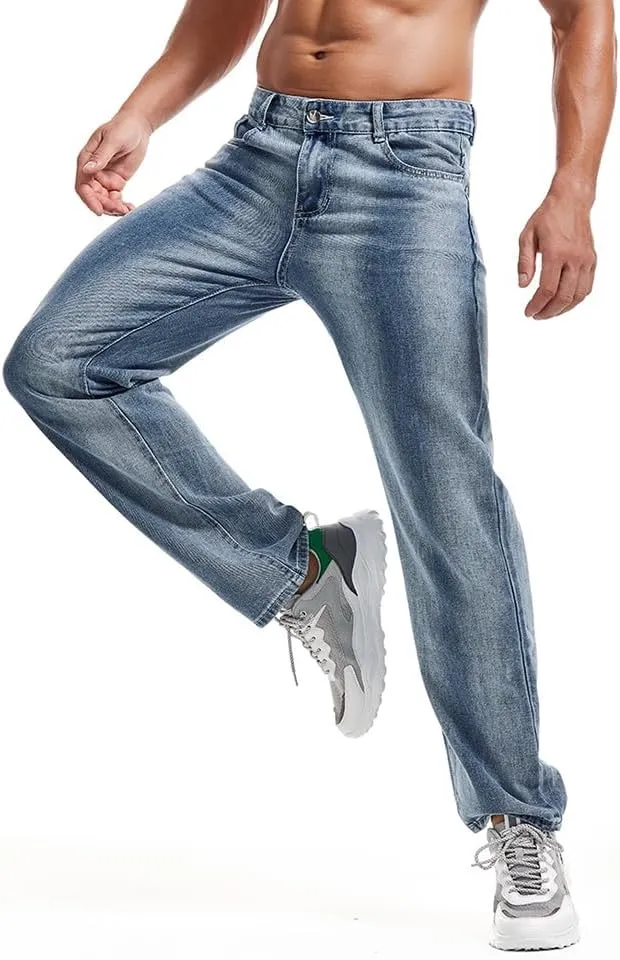 Men's Classic Straight Leg Jeans Relaxed Fit Washed Denim Jeans Pants