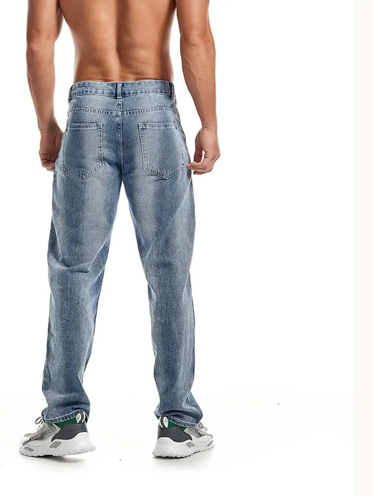 Men's Classic Straight Leg Jeans Relaxed Fit Washed Denim Jeans Pants