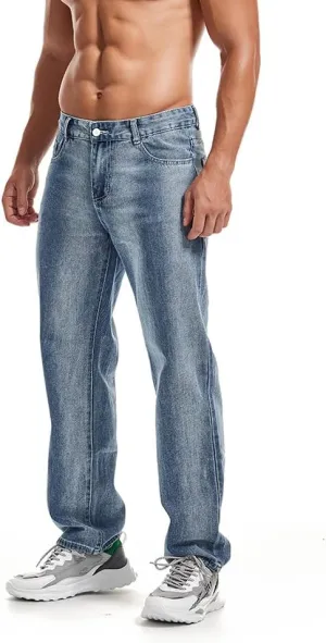 Men's Classic Straight Leg Jeans Relaxed Fit Washed Denim Jeans Pants