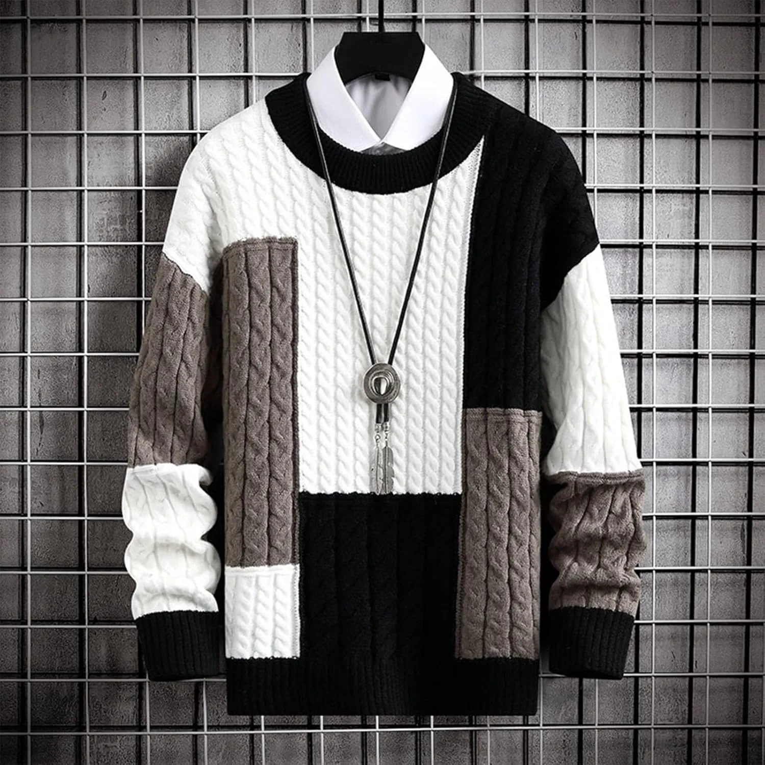 Mens Color Block Sweater Cable Knit Pullover Sweater Textured Sweater Casual Long Sleeve Sweaters Plus Size Pullover