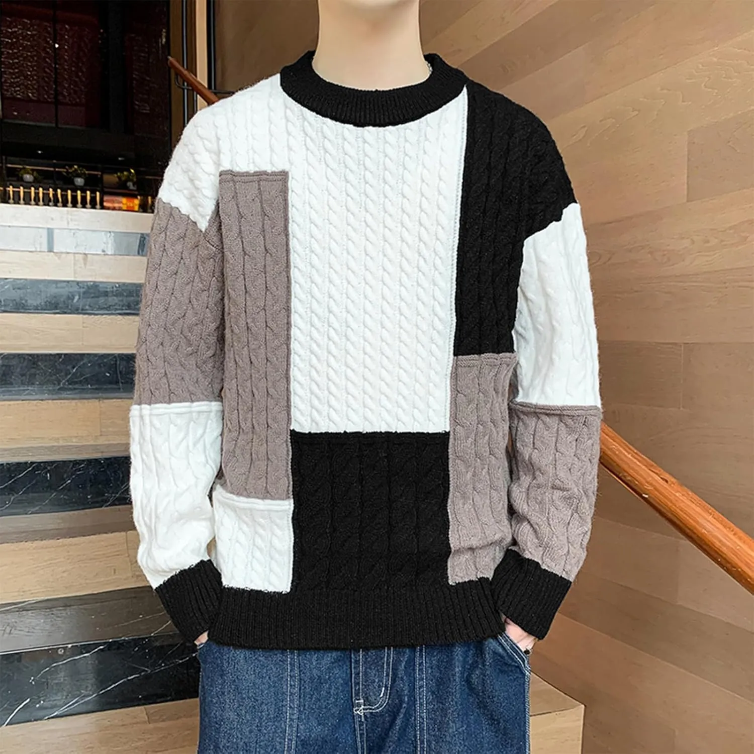 Mens Color Block Sweater Cable Knit Pullover Sweater Textured Sweater Casual Long Sleeve Sweaters Plus Size Pullover