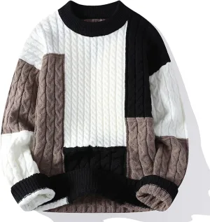 Mens Color Block Sweater Cable Knit Pullover Sweater Textured Sweater Casual Long Sleeve Sweaters Plus Size Pullover