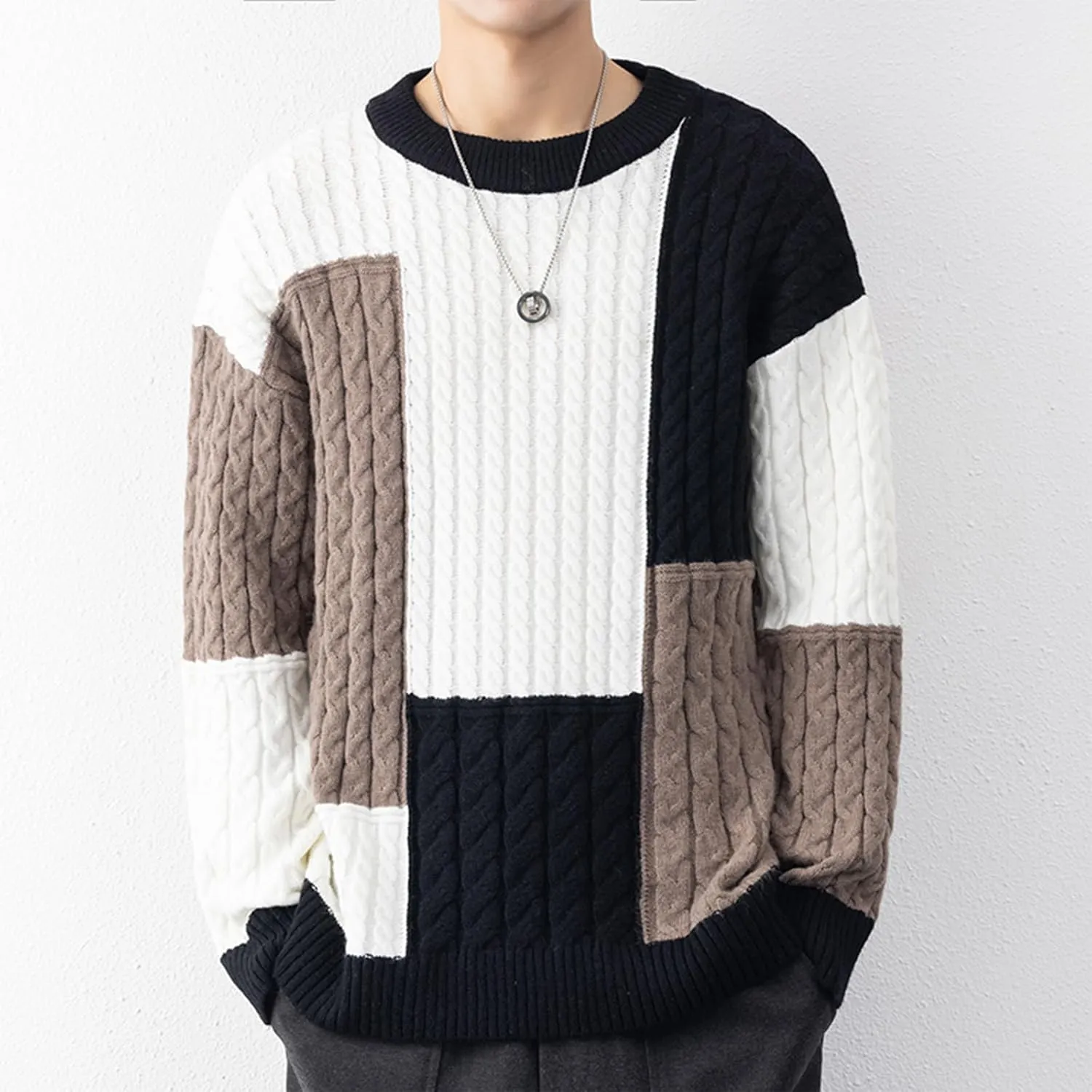 Mens Color Block Sweater Cable Knit Pullover Sweater Textured Sweater Casual Long Sleeve Sweaters Plus Size Pullover