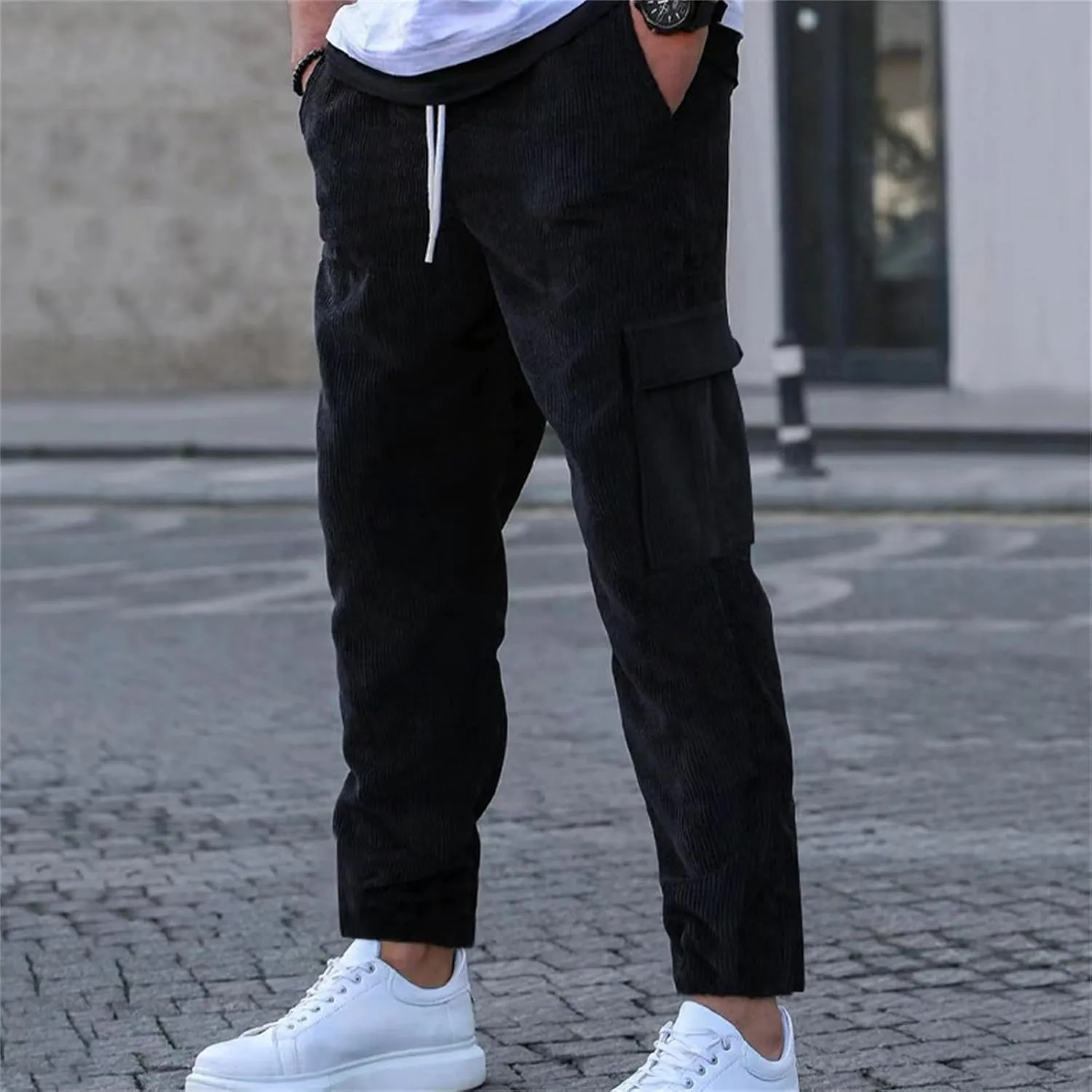 Men's Comfortable Casual Pants Corduroy Waffle Knit Elastic Waist Drawstring for Easy Pull On Streetwear