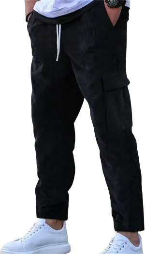 Men's Comfortable Casual Pants Corduroy Waffle Knit Elastic Waist Drawstring for Easy Pull On Streetwear