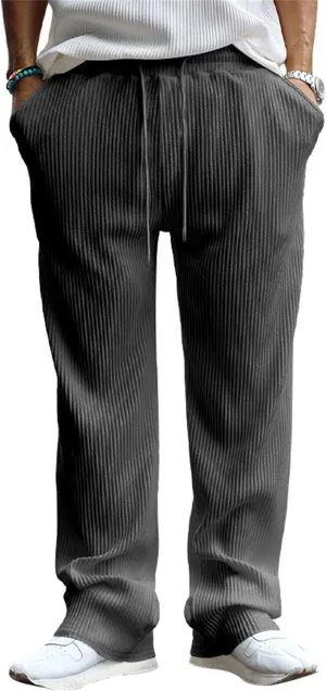 Men's Corduroy Pants Solid Color Straight Leg Sweatpants Drawstring Elastic Waist for Travel Sports Casual Wear